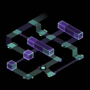 Abstract isometric network visualization with glowing data nodes and connected blocks for digital infrastructure isometric connection technology computing