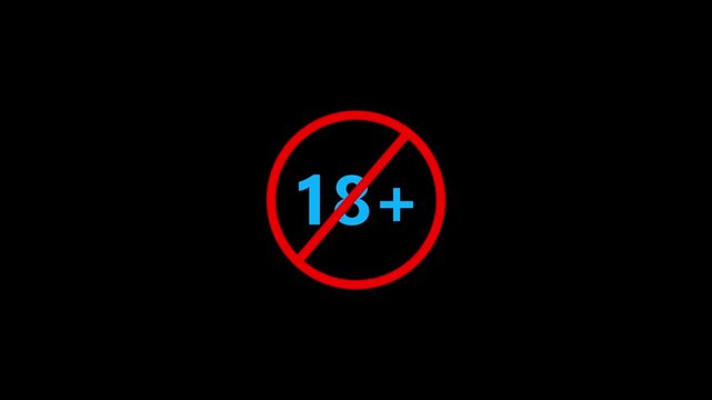 Red prohibition sign with blue 18 plus symbol on black background eighteen adult