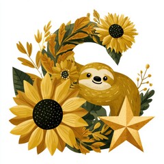 Fototapeta premium A sloth, sunflower, and star are combined to represent the letter S in a fun and colorful design on a white backdrop
