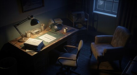 Fototapeta premium Vintage Office Workspace Illuminated By Desk Lamp And Evening Moonlight
