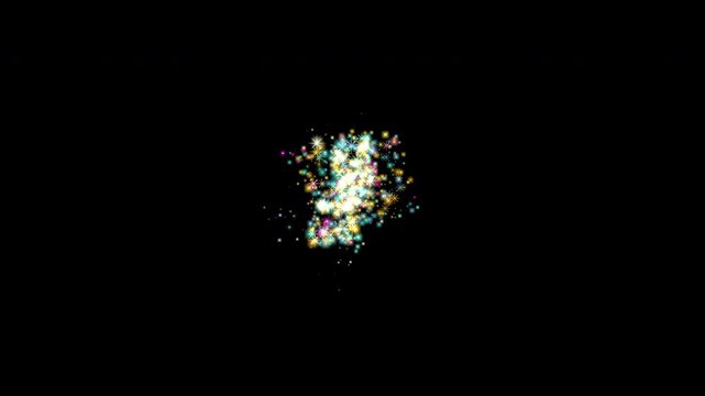 Colorful animated particles and stars rapidly sweep in from the left edge of the screen, pause briefly at the center, and then swiftly exit to the right.