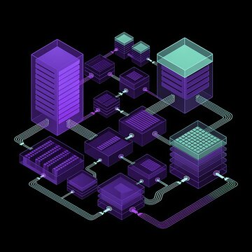 Abstract digital city or network of servers visualized with flowing data streams representing advanced technology and communication artificial intelligence machine learning