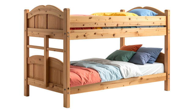 Wooden bunk bed with colorful bedding against a dark backdrop