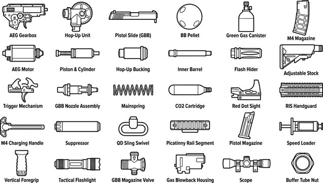 Airsoft gun parts and components vector line icons, paintball gun parts line icons