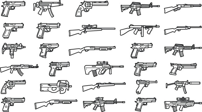 Various gun types line icons, including pistols, rifles, shotguns, and submachine guns