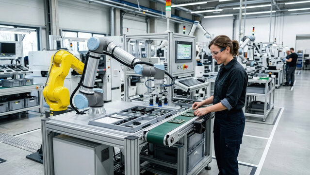 Technician monitors a robotic assembly line in a modern manufacturing facility to ensure consistent product quality control standards during production.
