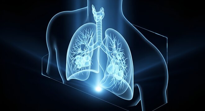 Detailed digital illustration of human respiratory system highlighting lungs and trachea with a focus on respiratory anatomy and