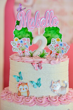 whimsical jungle themed second birthday party setup for girl named mabelle with two-tier animal cake and sweets, pastel pink and green dessert table with checkered tablecloth and personalized decor, c