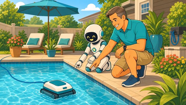 Physical AI Robot Guiding Automatic Pool Cleaner in Backyard Pool