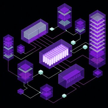 Isometric server infrastructure with glowing data processing units and network connections infrastructure processing technology isometric connectivity computing information
