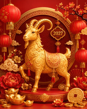 Chinese New Year 2027 Golden Goat With Red Lanterns and Traditional Decorations