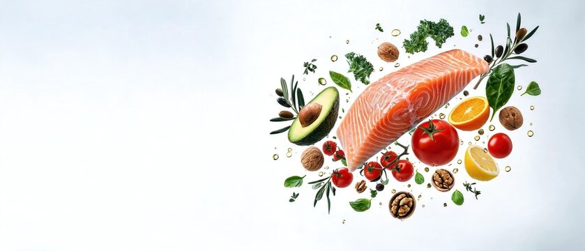 Fresh salmon with vegetables and fruits on a light background, showcasing healthy food choices and meal preparation ideas