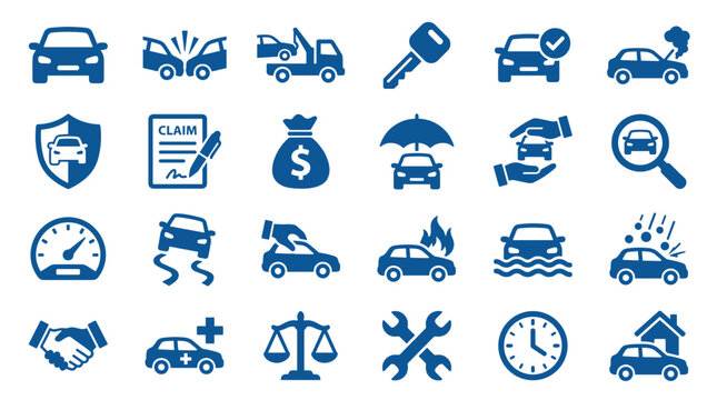 Car insurance and protection concept icons representing various aspects of vehicle safety and coverage from accidents to claims and repairs