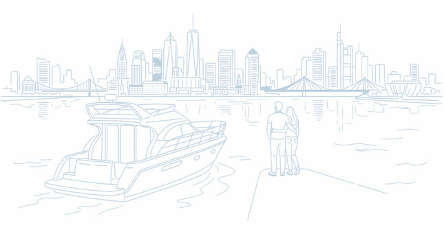 Couple on Dock Watching Yacht and City Skyline