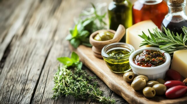 A savory cheese tray with olives, herbs, and an array of spreads, set on a rustic wooden table.