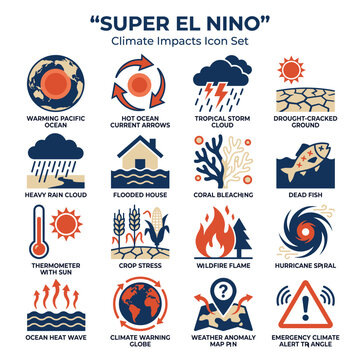 Super el nino climate impacts icon set showing weather extremes