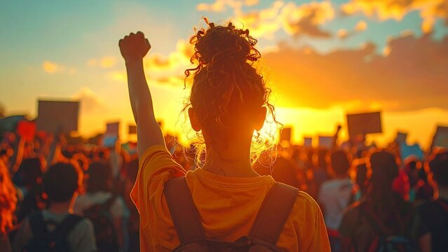 Silhouette of Woman Raising Fist at Protest Rally During Sunset