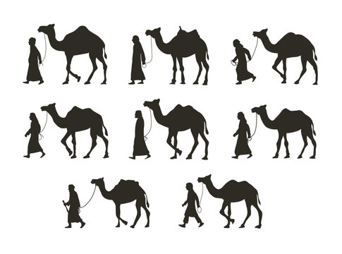 Silhouette illustration of an Arab man guiding a camel in a desert inspired scene