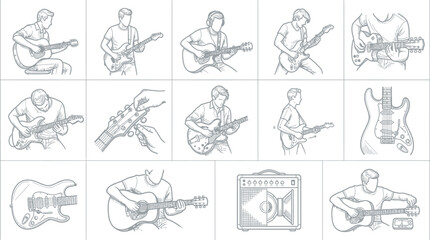 Fototapeta premium Detailed line art sketches of electric guitar playing.