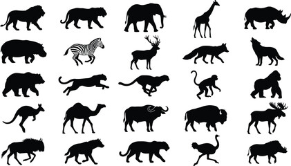 Obraz premium Black and white of various animals walking in a row silhouette