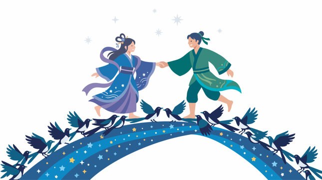 A romantic illustration of the Qixi Festival, depicting a couple crossing a magpie bridge under a starry sky.