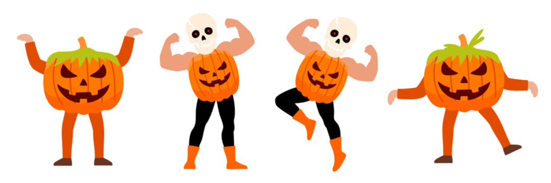 funny pumpkin skeleton character dancing in halloween bundle set