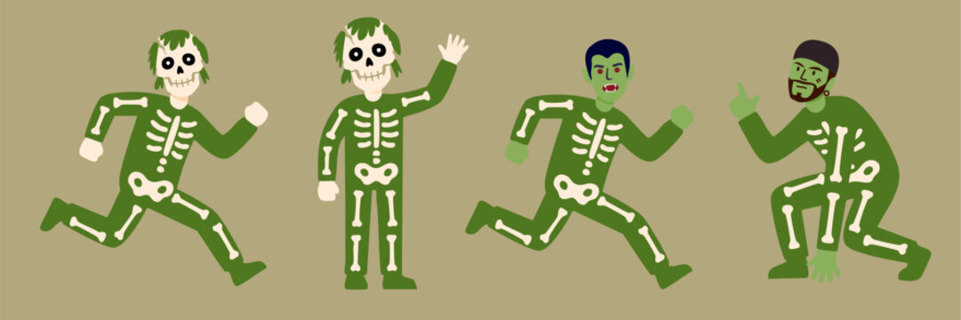 green skeleton costume character running in halloween bundle set