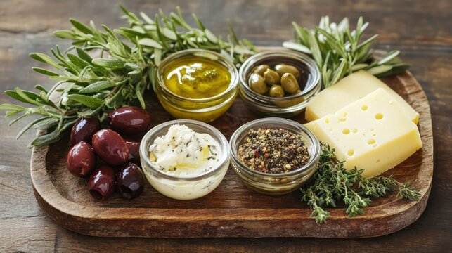 A savory cheese tray with olives, herbs, and an array of spreads, set on a rustic wooden table.
