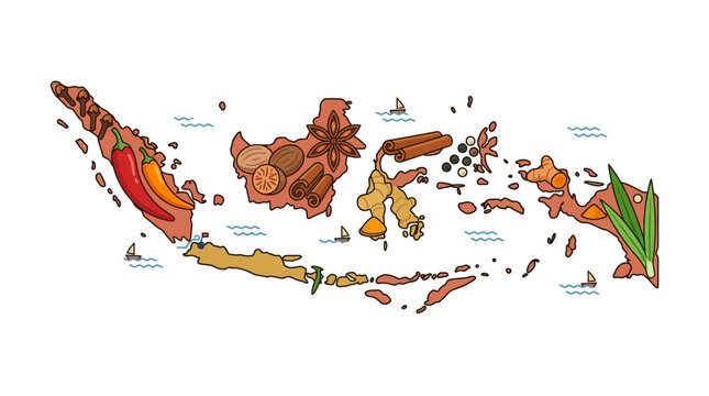 Stylized map of Indonesia with cultural and natural icons.