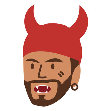 head of man wearing red devil horns and fangs