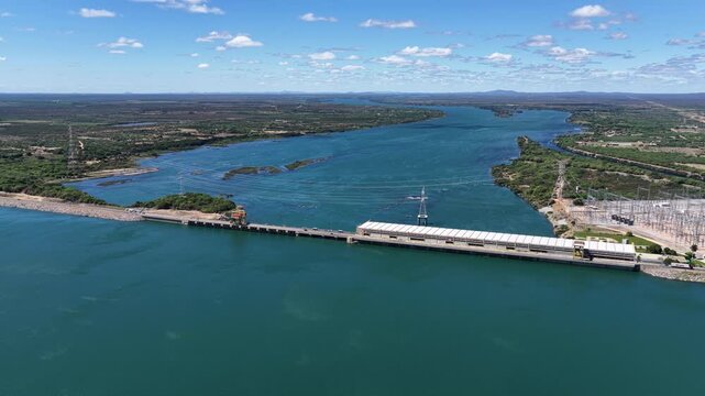 Sobradinho Dam Skyline In Sobradinho Bahia Brazil. Drone Capturing The Hydroelectric Producing Clean Energy. Delta Nature Forest Background Hydrography Bay. Delta Green. Sobradinho Bahia.