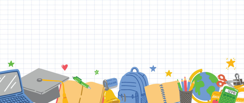 Background for school, school theme. back to school border with laptop, graduation cap, backpack, pencils, globe, calculator, books, and classroom supplies arranged along the bottom edge