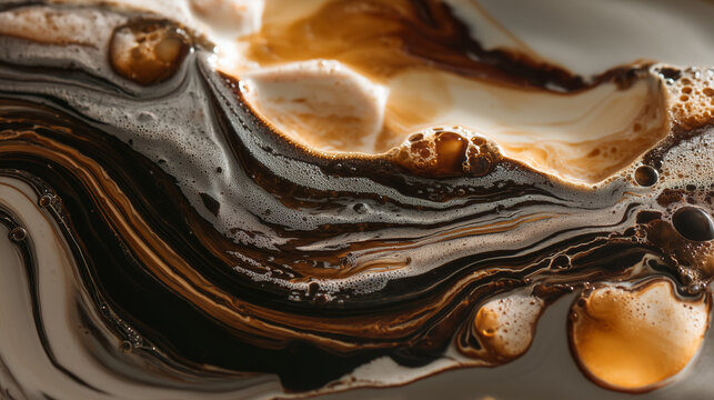 Abstract swirling patterns of dark brown and white liquid creating a marbled effect with bubbles.