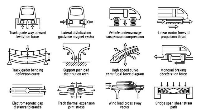 Technical Engineering Diagrams of Maglev Train Physics and Track Mechanics.