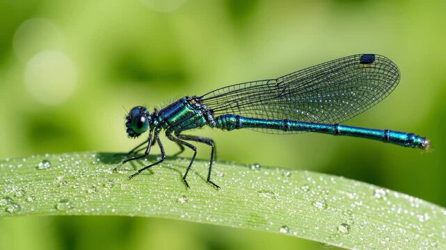 Close up of a blue damselfly resting on a wet green leaf.