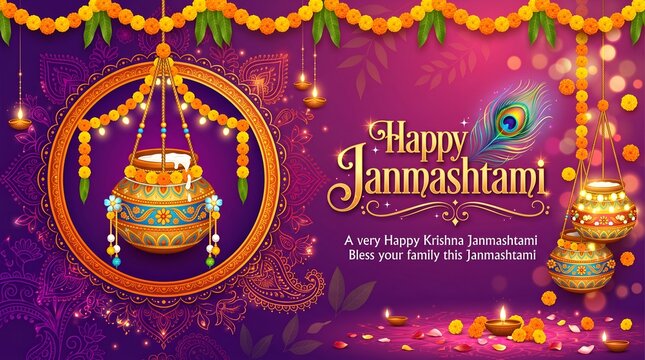 Celebrating happy Janmashtami festival of India with llustration of Lord Krishna playing bansuri (flute) and dahi handi competition with text in Hindi ...