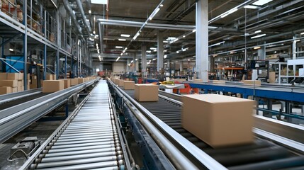 Fototapeta premium An efficient assembly line features moving conveyor belts transporting boxes symbolizing harmony and smooth industrial workflow