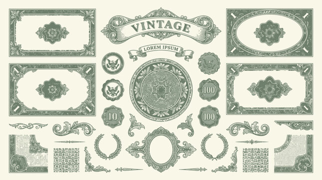 Vintage banknote elements display intricate security patterns and ornamental frames in a detailed collection.
