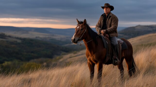 Cowboy riding a horse through a beautiful landscape at sunset with warm golden light illuminating the scene