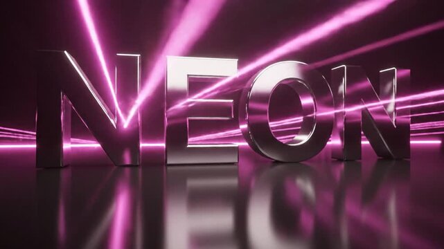 Letters spelling neon stand on a reflective dark surface illuminated by vibrant pink laser beams cutting through the air.