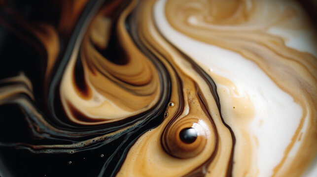 Abstract swirling pattern of dark coffee and creamy milk creating a mesmerizing marbled effect.