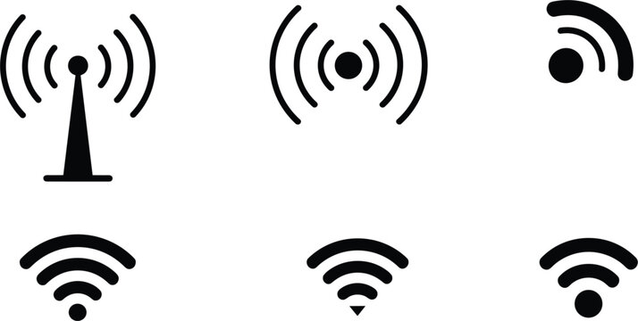 Wireless wifi network signal vector icon set, internet connection radio tower broadcasting elements isolated on background