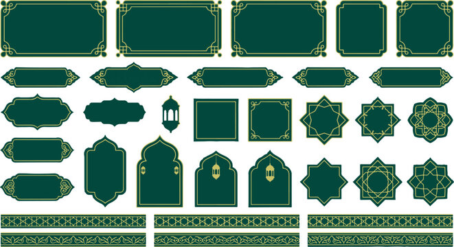 Set of elegant islamic style frames and ornaments with lanterns middle eastern ornament decorative oriental tradition religious invitation template background geometric