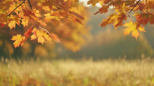 Beautiful orange and yellow maple leaves hanging on branches with a soft-focus, sunlit autumn meadow in the background.