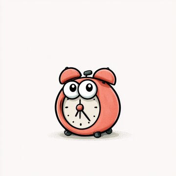A cartoon alarm clock with a warm coral body, big eyes, and a friendly face sits on a white background, bringing joy and charm to any setting.