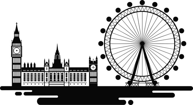 London skyline silhouette vector with Big Ben and London Eye, uk travel landmark isolated on white background