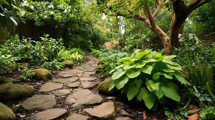 Naklejka premium A majestic garden path surrounded by earthy tones and rustic textures creates a brilliant and therapeutic natural beauty