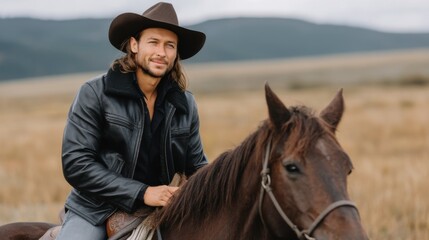 Obraz premium Self assured cowboy on horseback navigating a tranquil landscape featuring gentle hills and an impressive sky