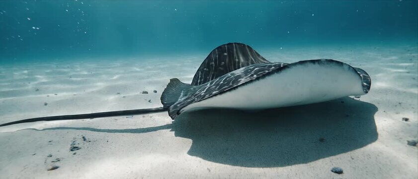 Stingray Swimming Underwater Over Sandy Ocean Floor Sequence