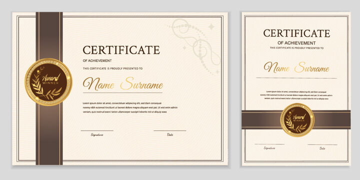 Certificate template set. Elegant cream and green diplomas in landscape and portrait layouts with gold laurel seal. Modern vector frame for corporate business graduation appreciation.